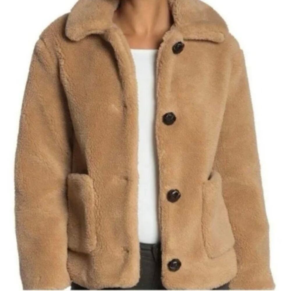 Philosophy Faux Fur Teddy Coat women’s small brown tan beige pockets buttons